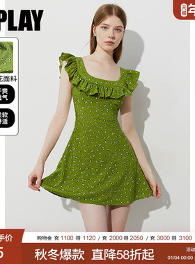 DPLAY【法式茶歇系列】2025年夏季新款绿色碎花飞飞袖连衣裙女