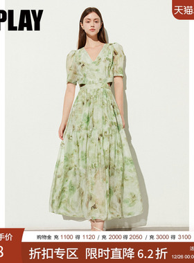 DPLAY夏季度假薄荷曼绿色连衣裙女短袖长款海边沙滩裙长裙