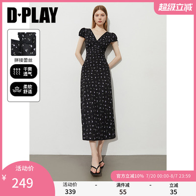 DPLAY2025年夏季新款黑色碎花连衣裙女长款好看气质法式裙子长裙