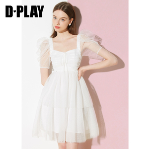 DPLAY夏新甜美少女感羊腿袖抽褶系带沙滩裙蝴蝶结连衣裙