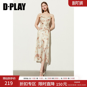 DPLAY夏荡领印花腰部抽褶碎花裙度假海边沙滩裙长裙吊带连衣裙