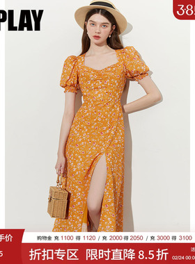 DPLAY夏复古宫廷领橙色潋滟高腰开衩茶歇裙海边度假沙滩裙长裙