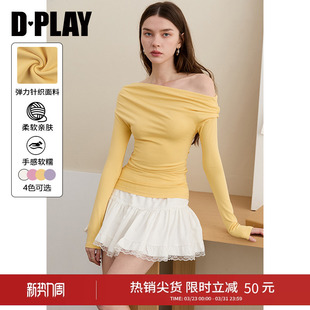 打底衫 DPLAY黄色斜肩露肩长袖 日常修身 新款 上衣女 T恤2026年春季