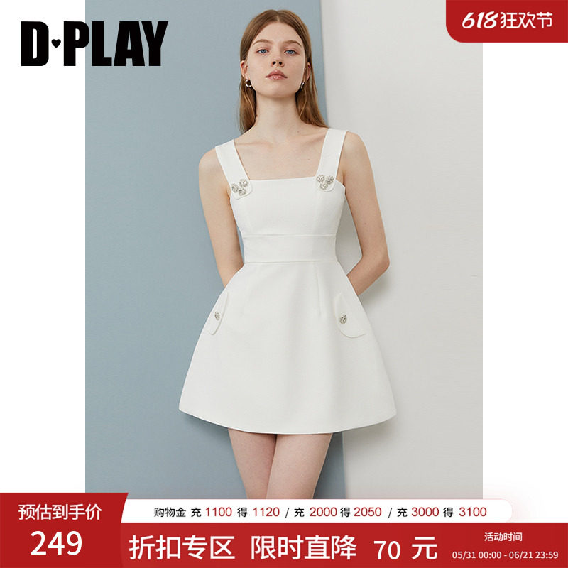 DPLAY夏季新款宽肩带钻扣白色连衣裙女短款A字裙子短裙