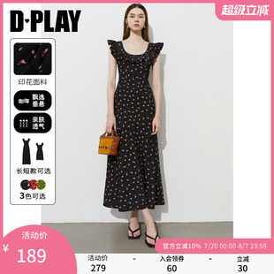DPLAY2025年夏季 优雅气质黑色碎花连衣裙度假裙印花裙长裙女 新款