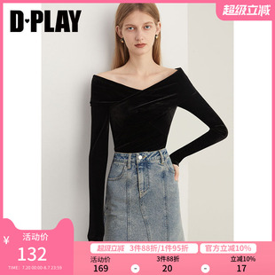 打底衫 露肩上衣女 氣質(zhì)通勤黑色交叉V領(lǐng)一字肩修身 DPLAY2025春季
