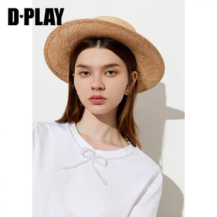 DPLAY德帕拉2020夏季 休闲T恤ins女上衣 新款 白色蝴蝶结珍珠短袖