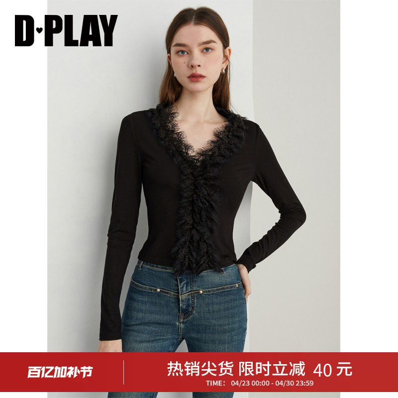 DPLAY秋季新款黑色T恤女流行洋气内搭打底衫长袖时尚修身小衫
