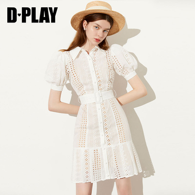 DPLAY德帕拉夏季新款白色镂空泡泡袖收腰洋气连衣裙轻熟风衬衫裙