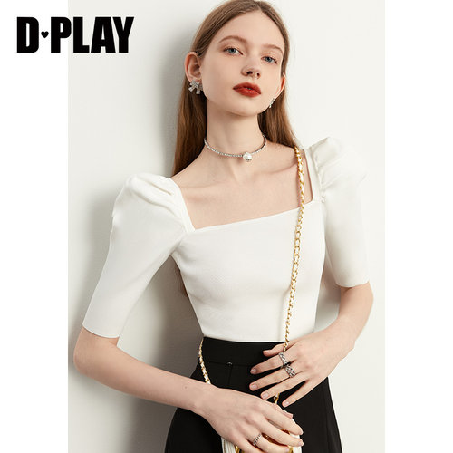 DPLAY方领泡泡袖针织衫上衣