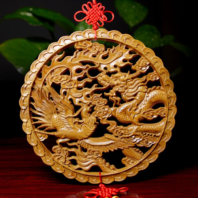 泰山福缘阁桃木龙凤呈祥挂件 客厅卧室新婚礼物木雕壁挂