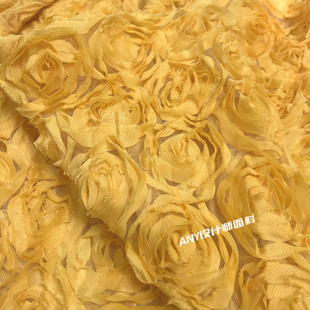 黄色高定欧美立体玫瑰提花盘花朵布料 舞蹈裙会场布置设计师面料