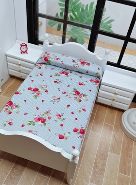 1:12娃娃屋dollhouse迷你家具袖珍卧室蓝色碎花单人床木质床头柜