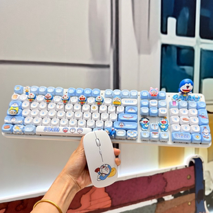 高颜值哆啦A梦机械键盘三模蓝牙充电青轴电竞DIY卡通公仔键鼠套装