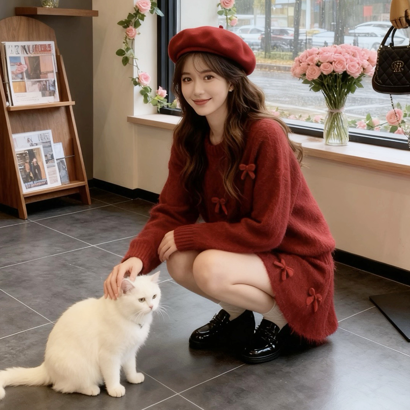 新年战袍红色毛衣半身裙套装女秋冬新款宽松慵懒风针织裙子两件套