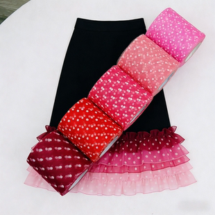 7.5cm闪光植绒波点网纱红色系DIY发饰褶皱花边裙边头纱花边丝带