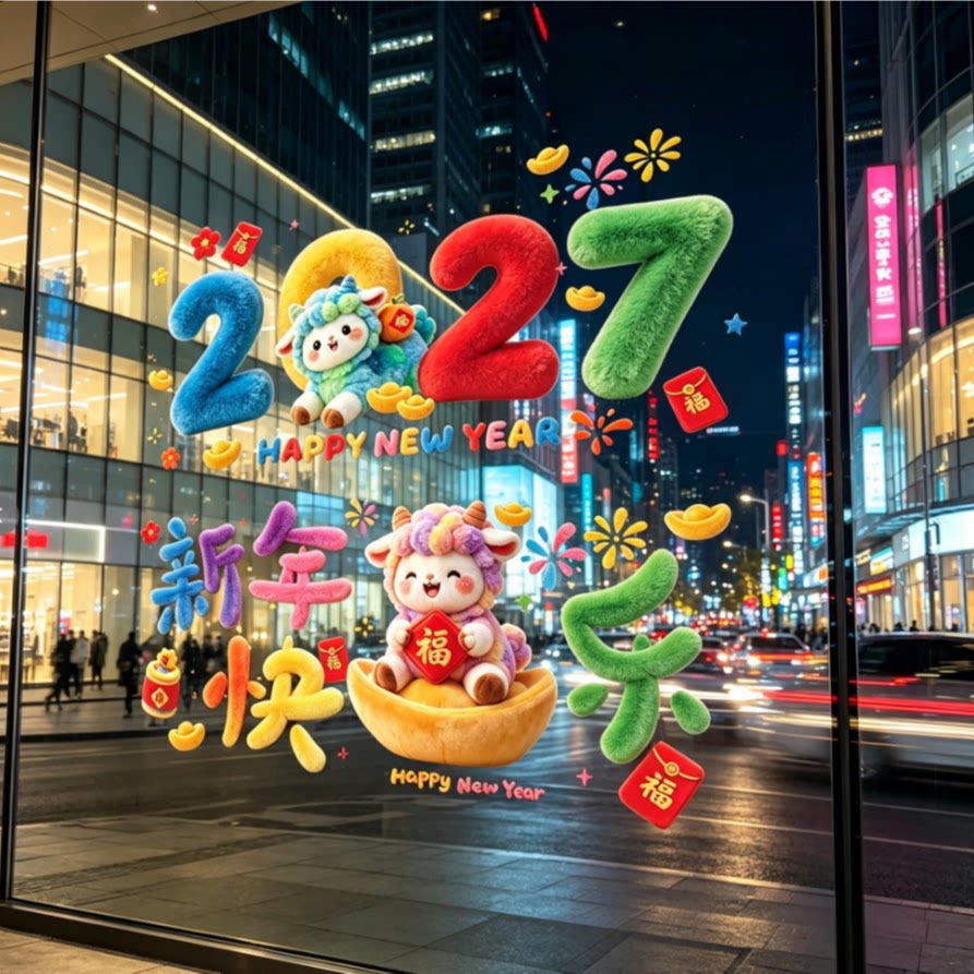 2027新年羊年炫彩果冻静电贴春节玻璃橱窗贴纸福字窗花过年装饰