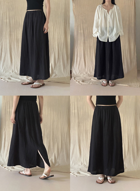 MMCC盛夏100%亚麻花苞半裙 后开衩松紧腰飘逸度假裙显瘦半身裙 黑