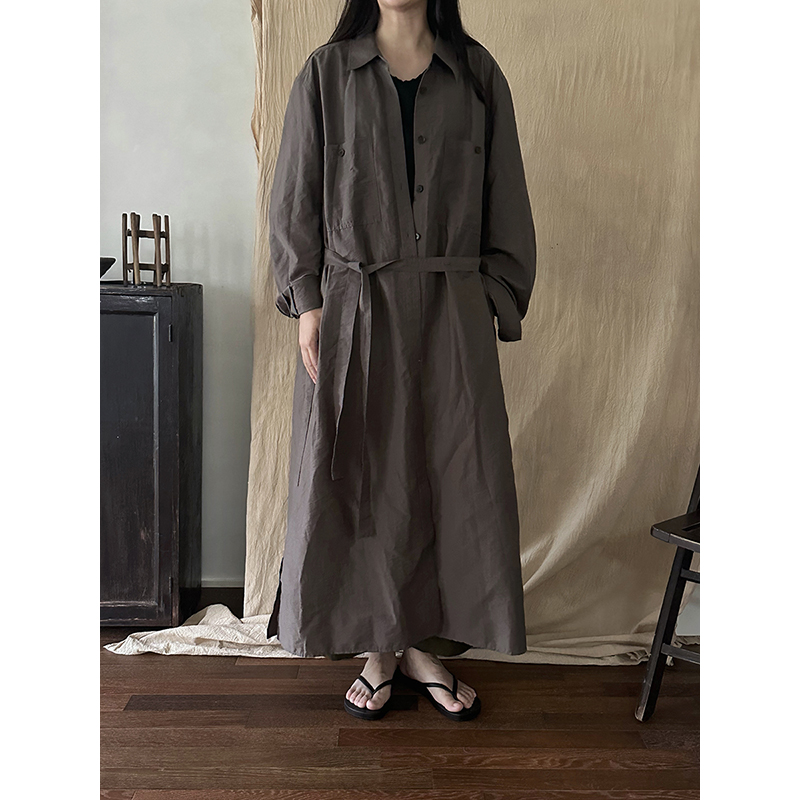 MMCC陶土色限定 设计师骨感收腰风衣连衣裙大廓型系带袍长外套秋