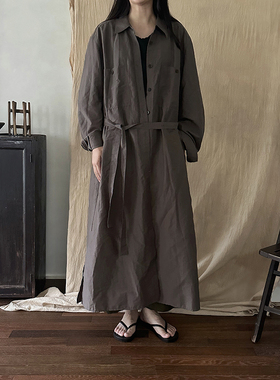 MMCC陶土色限定 设计师骨感收腰风衣连衣裙大廓型系带袍长外套秋