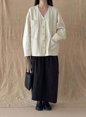 MMCC原坯棉籽壳斜纹牛仔汉麻棉 重工无领长袖多口袋工装夹克外套