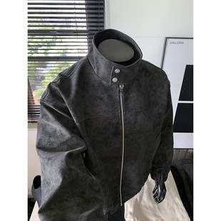 夹克外套男秋冬季 cleanfit扎染PU机车皮衣立领棒球服春秋大码 外套
