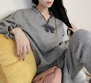 可外穿 兔绒包芯纱针织家居服套装 可打底 复古睡衣女秋冬款 原218