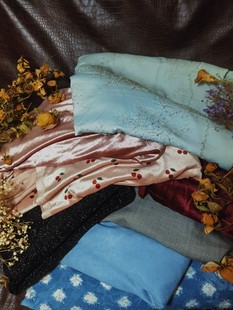 黑色亮片绣樱桃金丝绒面料浅青色刺绣中国风旗袍汉服镂空磨毛牛仔