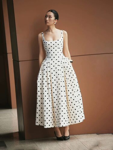 Huong Boutique越南小众品牌2古法式波点吊带连衣裙noneofus