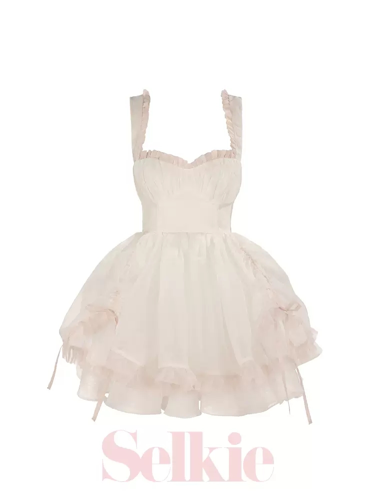 欧根纱方领甜美褶皱短裙