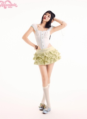 Mangata正品辣妹短袖挂脖露腰修身上衣绿色低腰花瓣超短裙