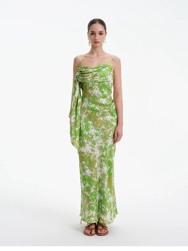 ROCHAROMA连衣裙女印花飘带设计吊带度假风长裙2025春季新款