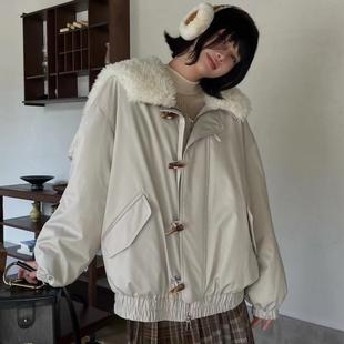 penny牛角扣羊羔毛大翻领宽松羽绒服女派克工装外套90白鸭绒保暖