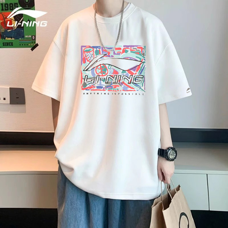 李宁短袖男子夏季棉质半袖T恤印花宽松休闲透气吸汗圆领运动衫