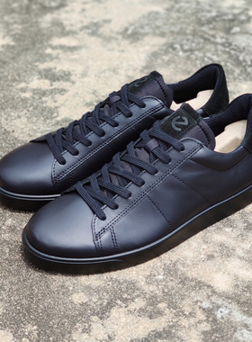 爱步ECCO男鞋春季透气全黑牛皮低帮透气板鞋休闲鞋街头轻巧521304