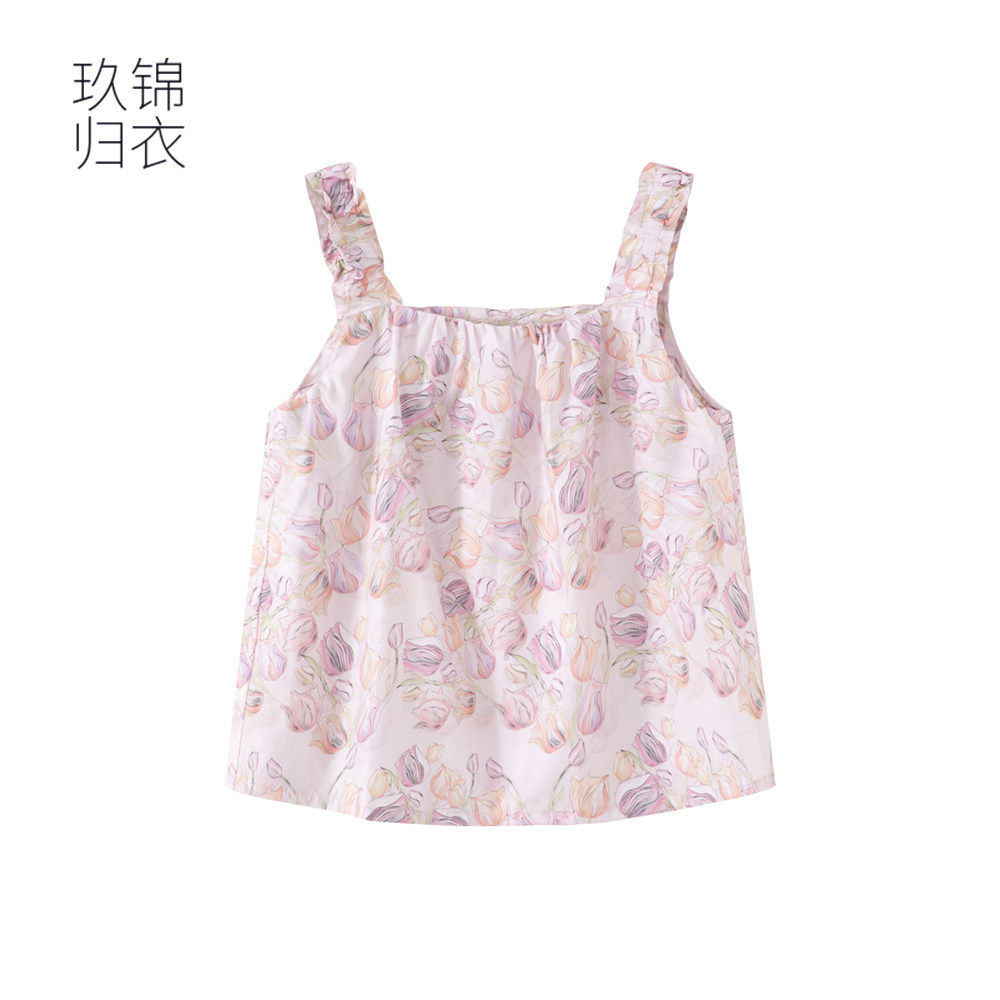 玖锦归衣法式浪漫风印花吊带背心女夏季方领无袖上衣粉紫郁金香