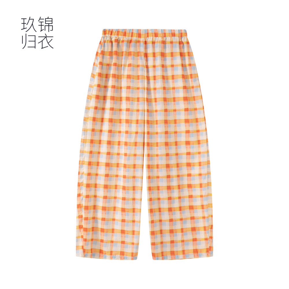 玖锦归衣甜美风橙色格纹休闲裤女春夏薄款宽松松紧腰外穿阔腿裤