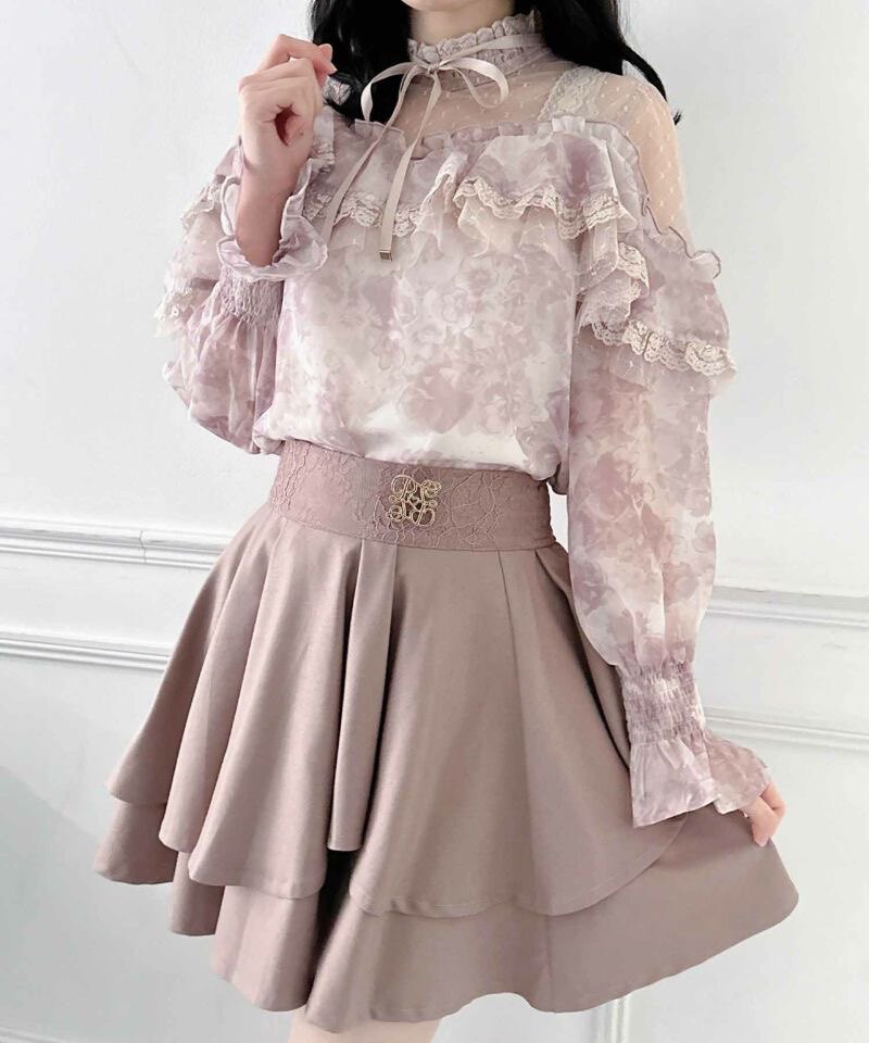 日系透明切换花纹抽绳蝴蝶结长袖衬衫