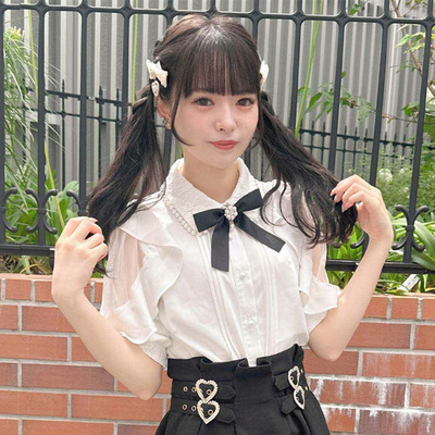 干净清新短袖上衣蝴蝶结荷叶边