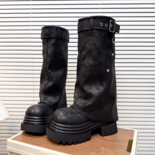 日本OFFCAT8cm皮带扣长筒靴女裤管靴小个子马丁靴冬季加绒骑士靴