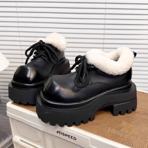 日本OFFCAT8cm真皮厚底毛毛大头德比鞋女2025秋冬新款加绒小皮鞋