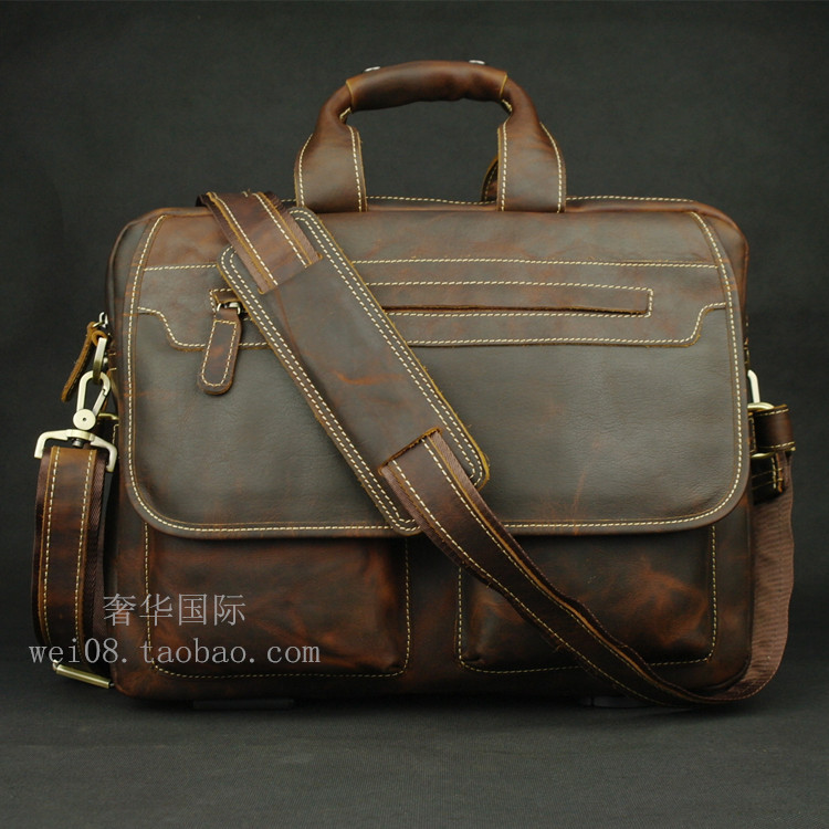 手工头层牛皮男士商务包 油蜡皮手提包 真皮公文包 单肩包 硬皮包