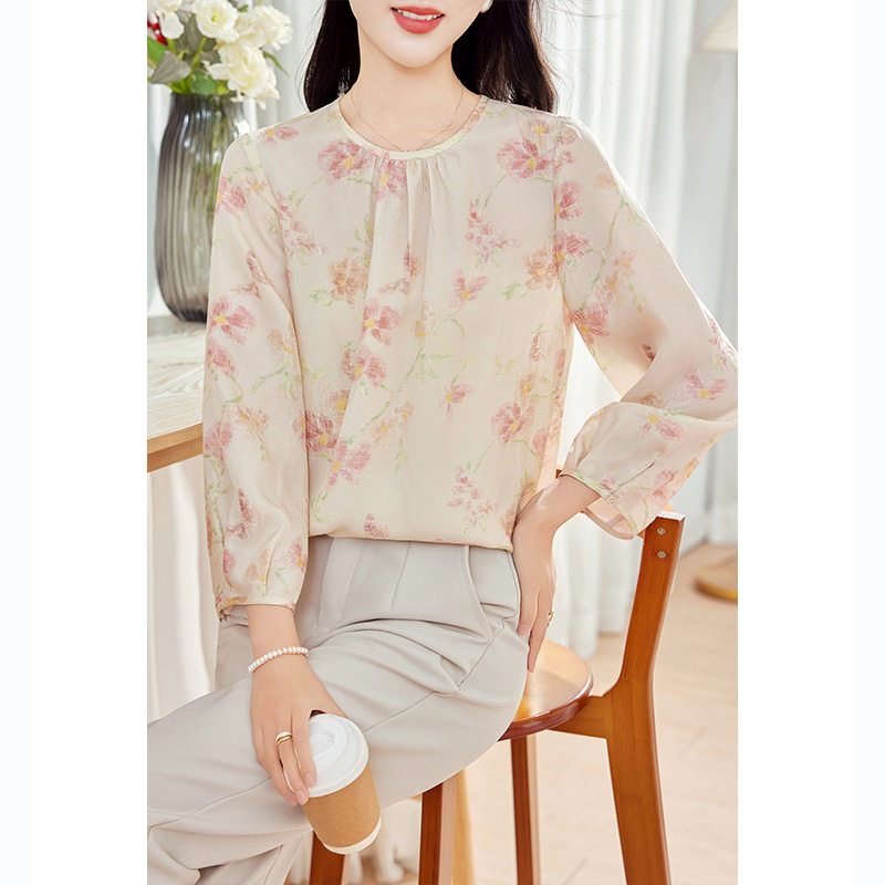 印花冠乐绉真丝长袖衬衫女2026新款春优雅年轻款设计感桑蚕丝衬衣