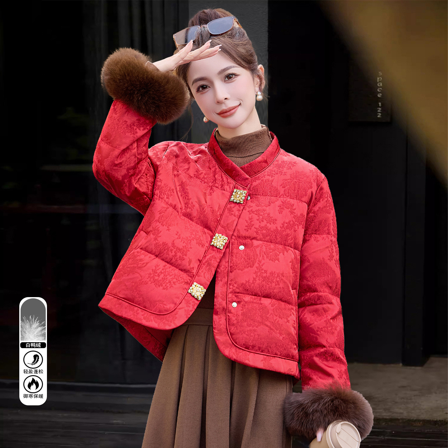 红色爆款冬季无帽白鸭绒女士外套