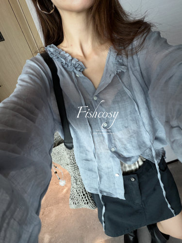 Fishcosy   苎麻超薄花边领防晒衬衫  韩国货 特价不退