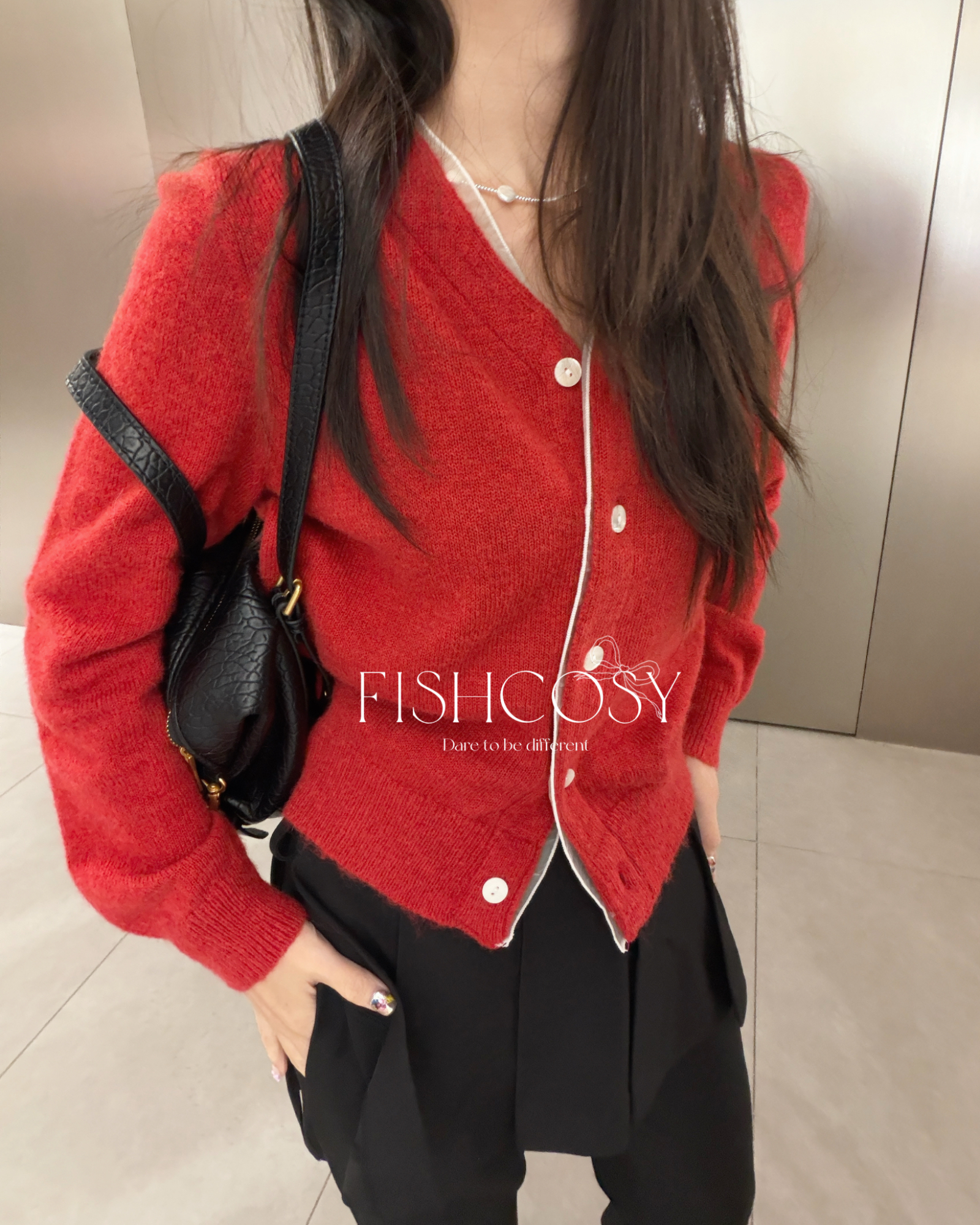 柔美叠感 Fishcosy韩国网纱拼接假两件撞色羊毛针织开衫 两色都美