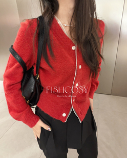 柔美叠感 两色都美 Fishcosy韩国网纱拼接假两件撞色羊毛针织开衫