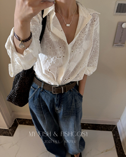 韩国现货！高端品质 纯棉镂空白衬衫 东大门新款长袖衬衫 2025秋