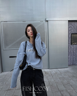 新品 Fishcosy 韩国2026春季 T恤 少年感灰蓝色字母磨毛长袖
