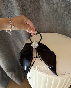 手工银线亮片花朵黑色缎面蝴蝶结发圈头绳 韩国设计师新品